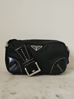 PRADA: Black Nylon Leather Trim Wide Logo Strap Shoulder Bag